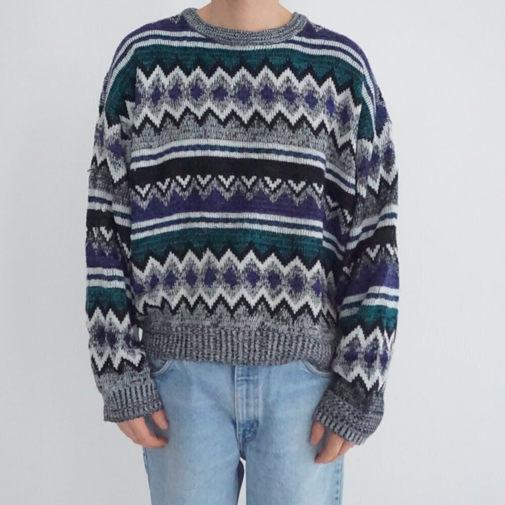 Vintage Navigar Grey Teal Purple Chevron Stripe Textured Knit Sweater Nordic XL
